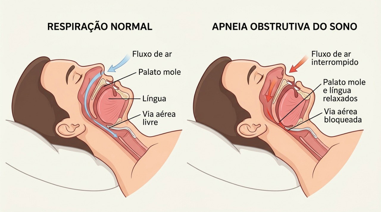 Na apneia do sono, a passagem de ar pode se estreitar ou fechar temporariamente, provocando engasgos e despertares.