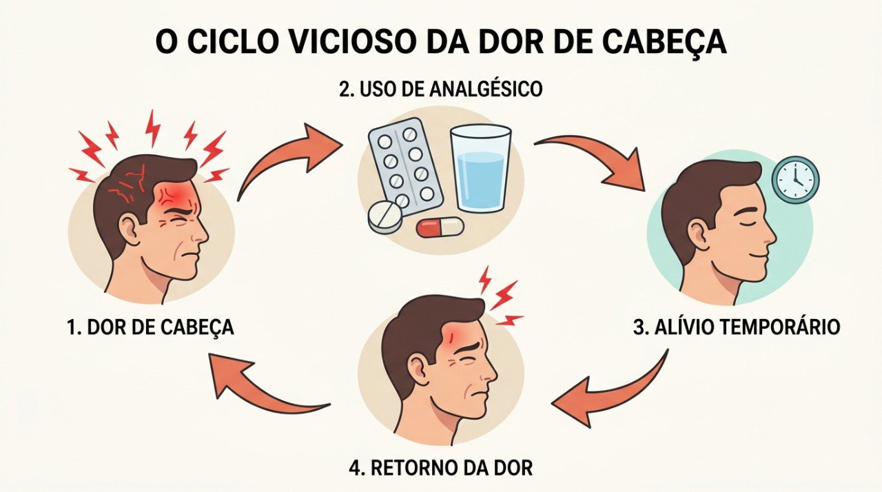 O uso frequente de medicamentos para crises pode contribuir para um ciclo de alívio curto e retorno repetido da dor.
