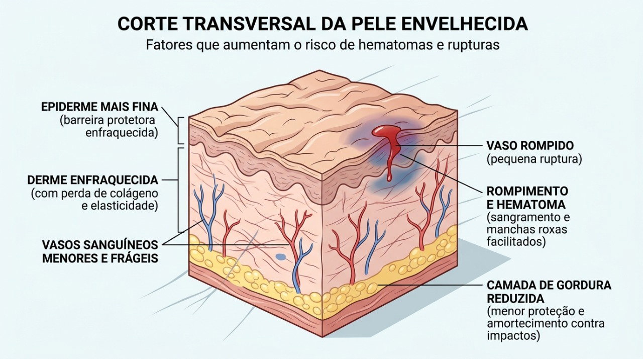 O envelhecimento deixa a pele mais fina e os vasos mais frágeis, aumentando a chance de hematomas e feridas após pequenos impactos.