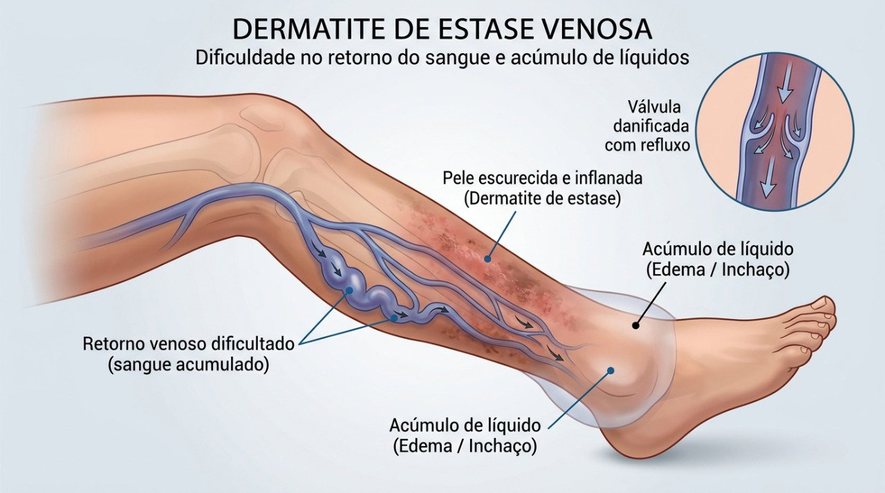 Na estase venosa, o sangue e o líquido podem se acumular nas pernas e provocar inchaço, coceira e escurecimento da pele.