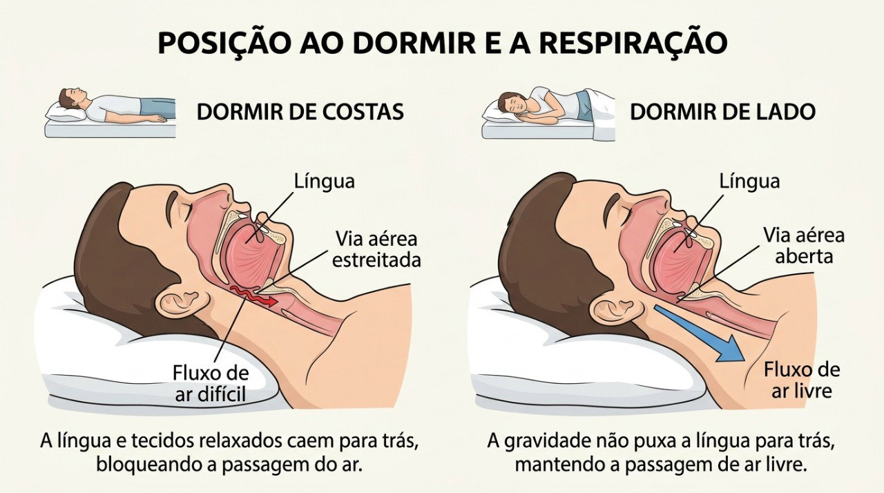 Virar de lado pode melhorar a passagem do ar e reduzir o ronco em algumas pessoas.