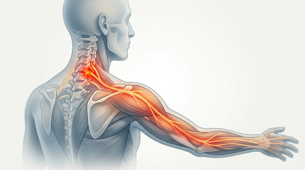 A radiculopatia cervical pode causar dor, formigamento, dormência e fraqueza ao longo do braço.