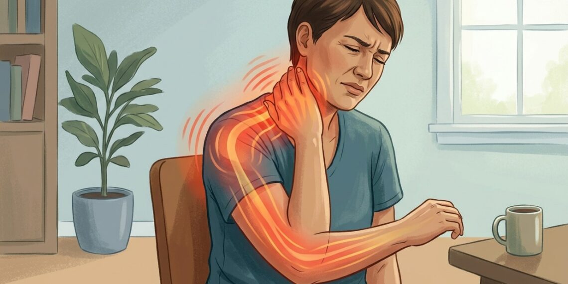 Dor no pescoço que se espalha para o braço pode estar relacionada à irritação de uma raiz nervosa cervical.