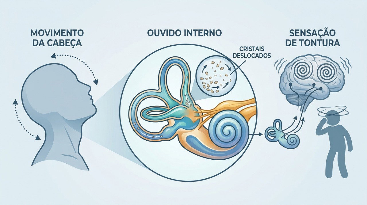 Na VPPB, partículas deslocadas no ouvido interno podem provocar vertigem ao movimentar a cabeça.