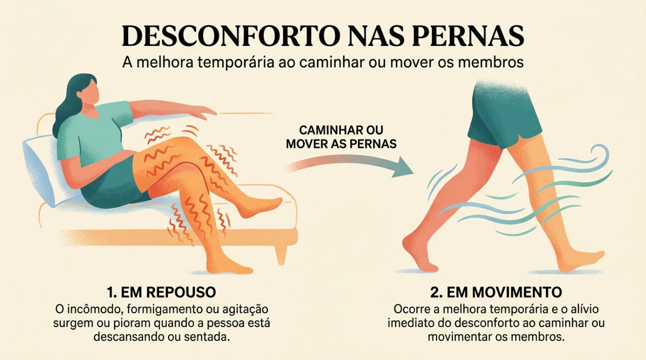 Na síndrome das pernas inquietas, o desconforto costuma surgir no repouso e aliviar temporariamente com movimento.