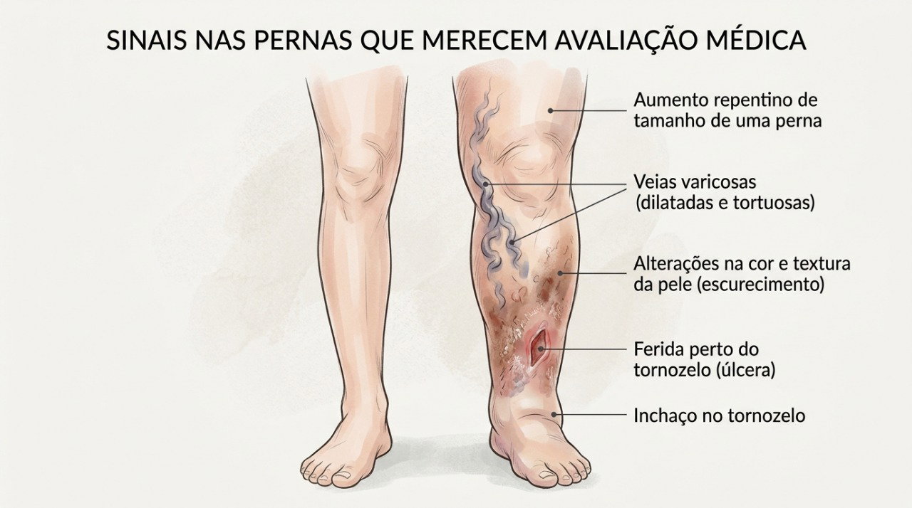 Dor frequente, feridas, sangramento ou inchaço súbito em uma perna são sinais que precisam de avaliação.