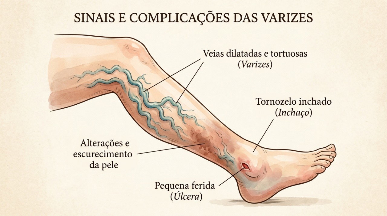 Alterações na pele, feridas, dor frequente e inchaço podem indicar necessidade de avaliação das varizes.