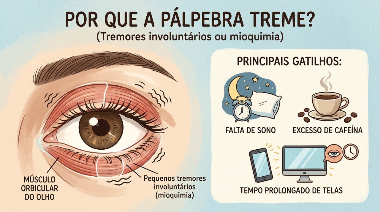 Cafeína, noites mal dormidas e esforço visual estão entre os fatores que podem favorecer o tremor palpebral.