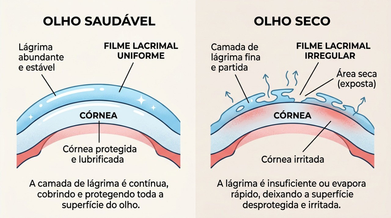 Quando a película de lágrimas fica instável, podem surgir ardência, sensação de areia e visão temporariamente embaçada.