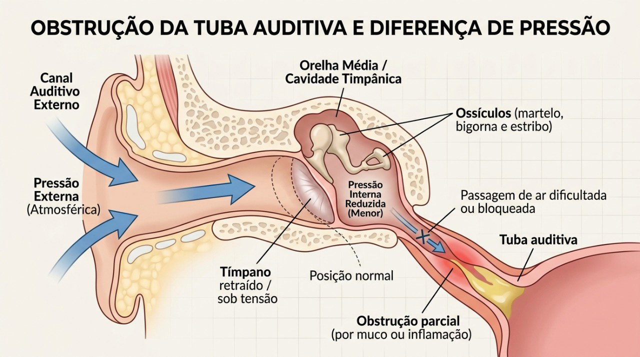 A tuba auditiva ajuda a equilibrar a pressão e pode ficar temporariamente bloqueada após gripe, alergia ou mudança de altitude.