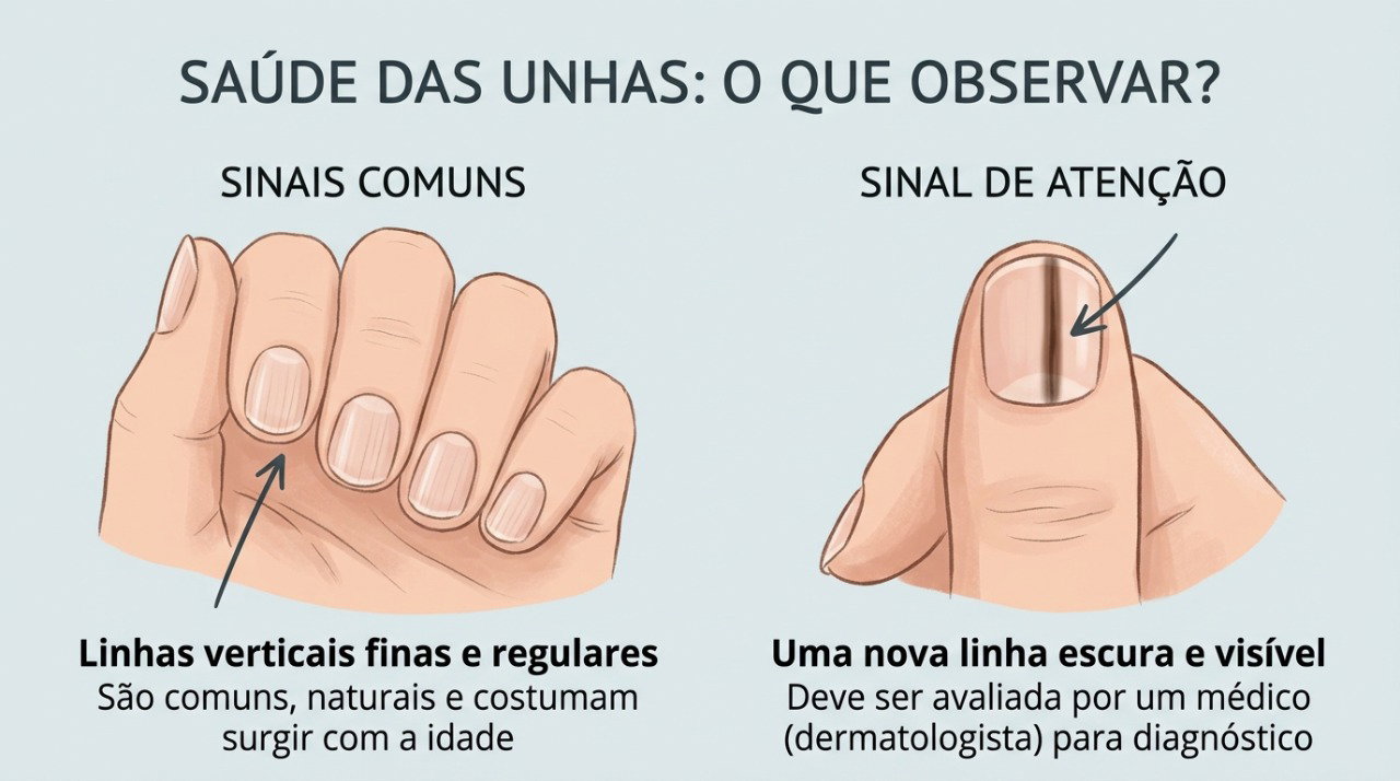 Linhas verticais finas costumam ser comuns, mas mudanças de cor, profundidade ou formato merecem avaliação.