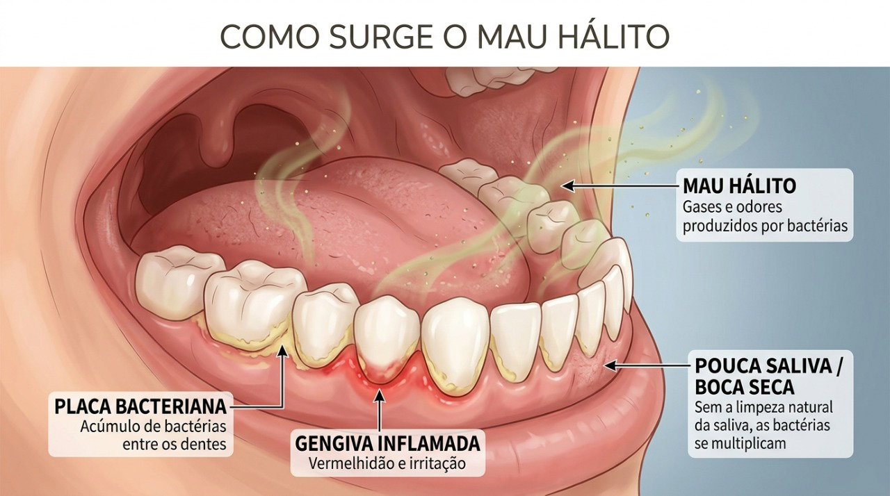 Boca seca e doença gengival estão entre as causas que podem manter o mau hálito mesmo após a escovação.