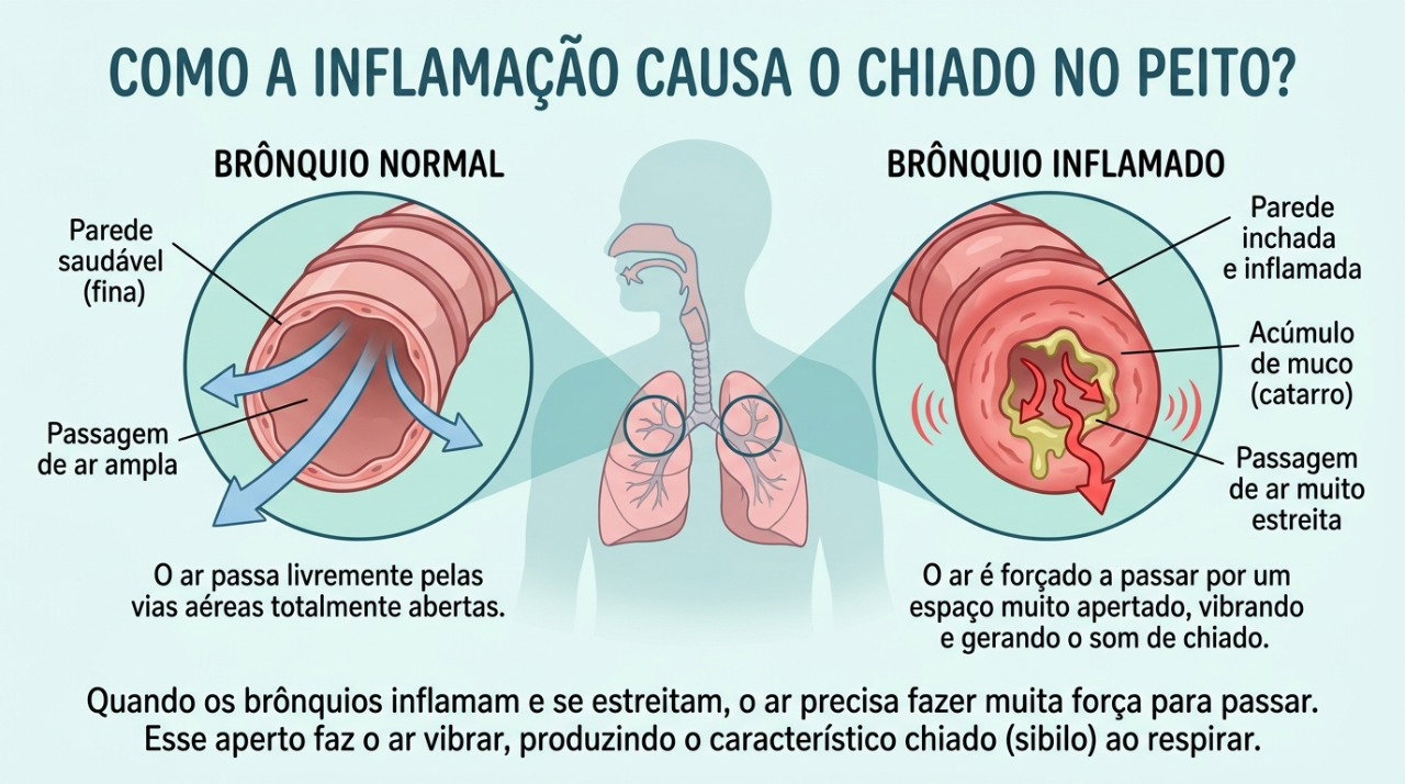 O chiado pode surgir quando os brônquios ficam mais estreitos, dificultando a passagem do ar.