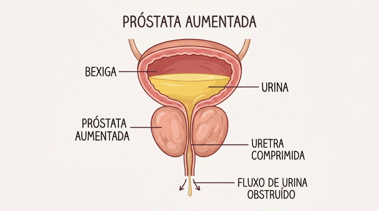 O aumento benigno da próstata pode estreitar a uretra e deixar o jato urinário mais fraco ou interrompido.