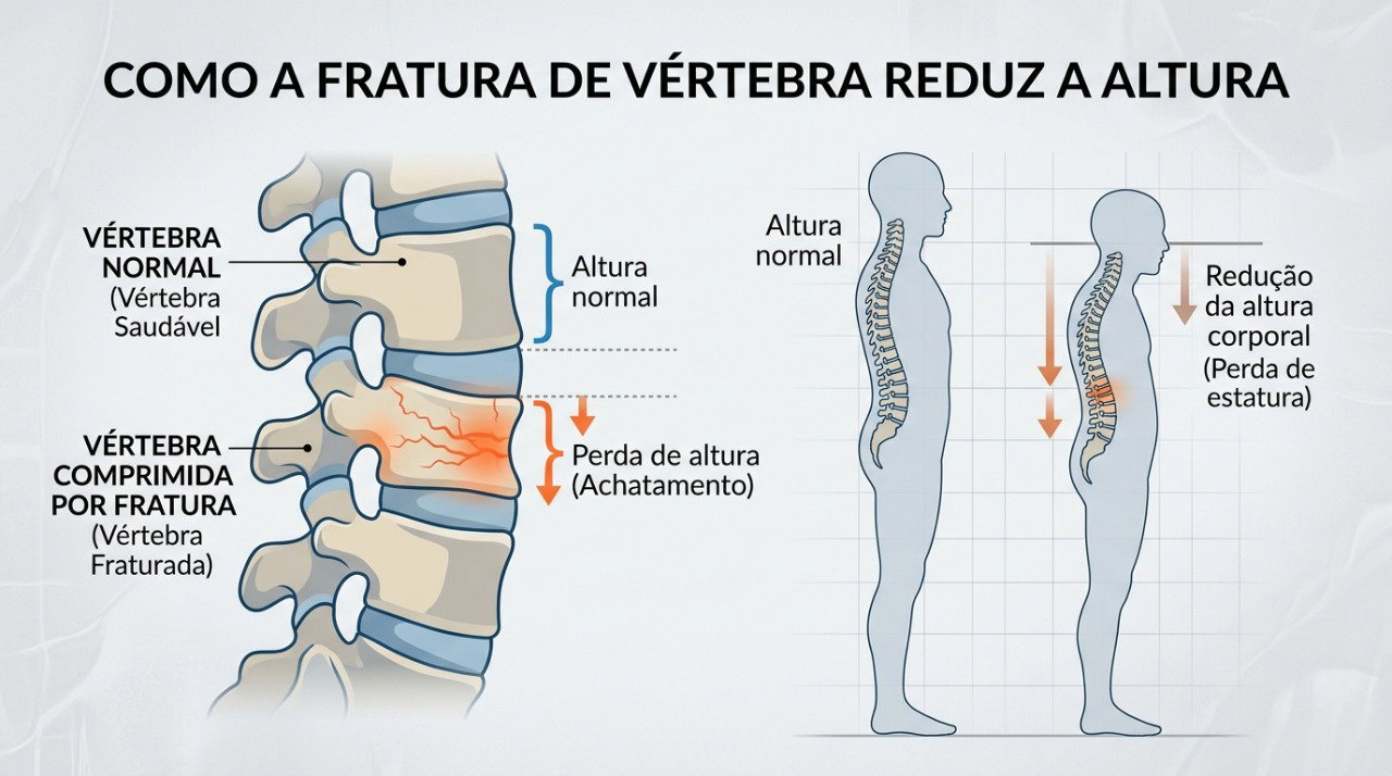 Fraturas por compressão nas vértebras podem contribuir para perda de altura e postura mais curvada.
