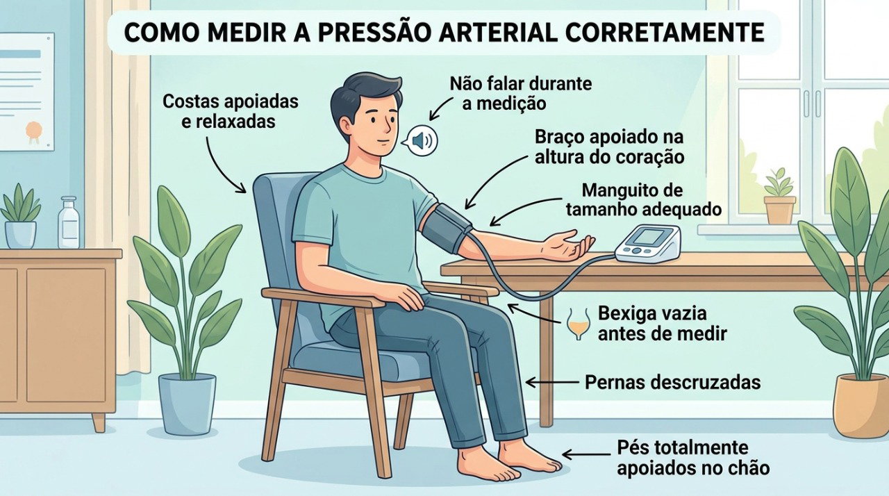 Posição correta, braço apoiado e manguito adequado ajudam a tornar a comparação da pressão entre os braços mais confiável.