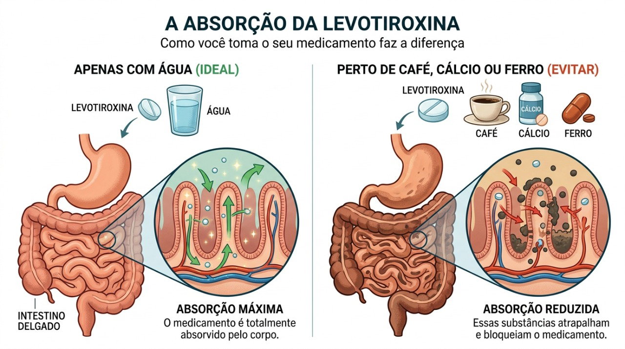 Café, cálcio, ferro e alguns medicamentos podem interferir na absorção da levotiroxina.