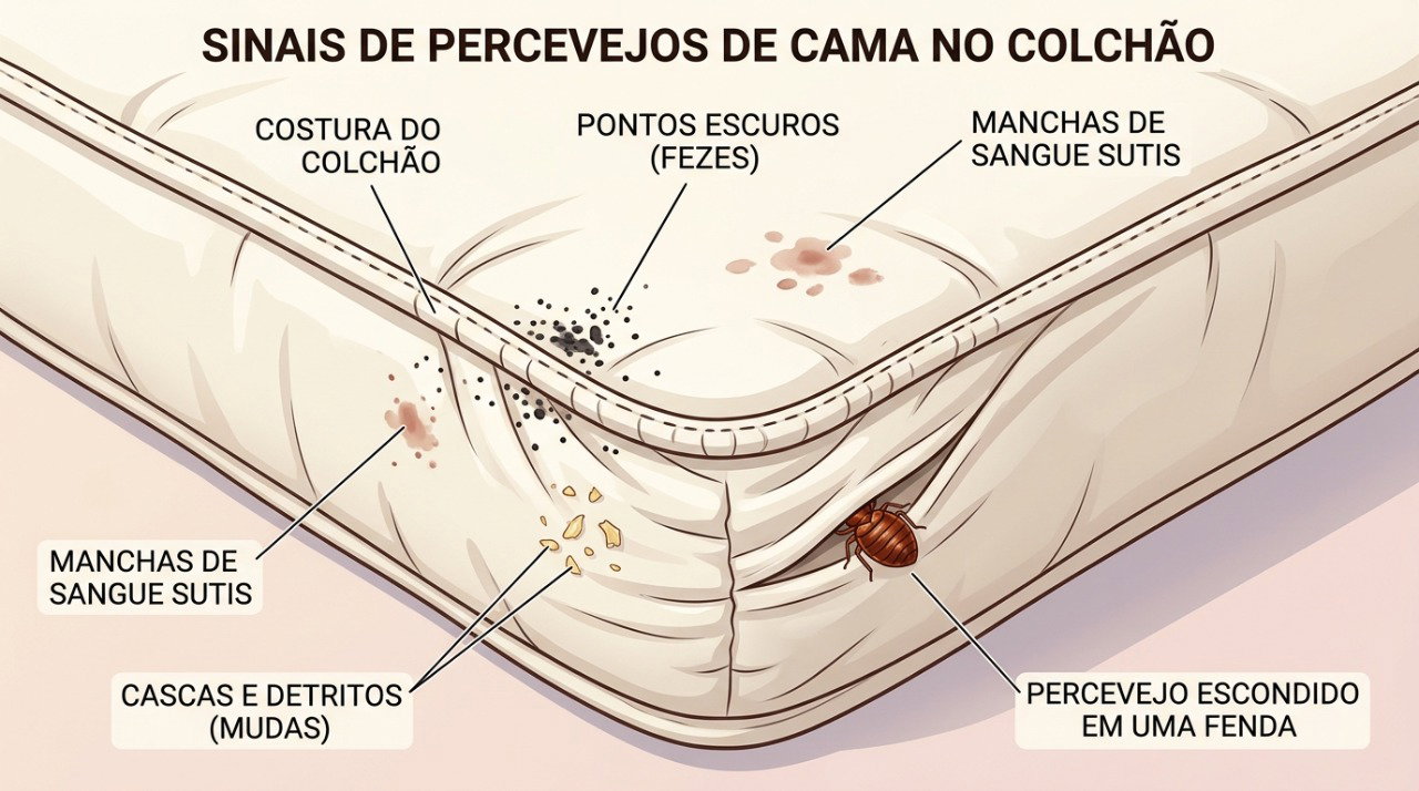 Pontinhos escuros, manchas de sangue e insetos escondidos nas costuras do colchão podem ajudar a identificar percevejos.