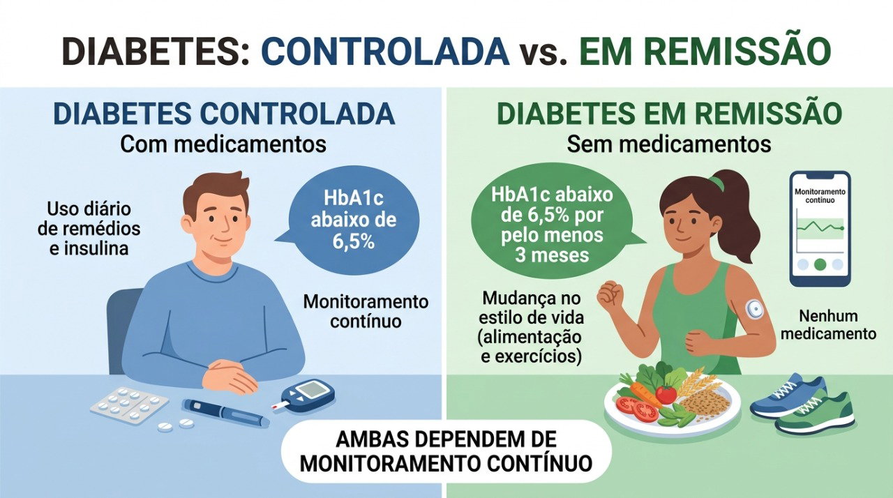 Remissão significa manter a glicose abaixo da faixa de diabetes sem medicamentos, mas o acompanhamento continua necessário.