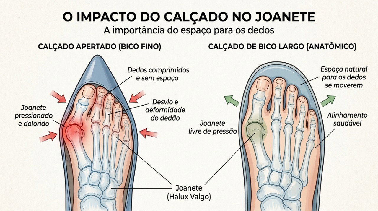 Calçados com bico mais largo podem reduzir o atrito e a pressão sobre a região do joanete.