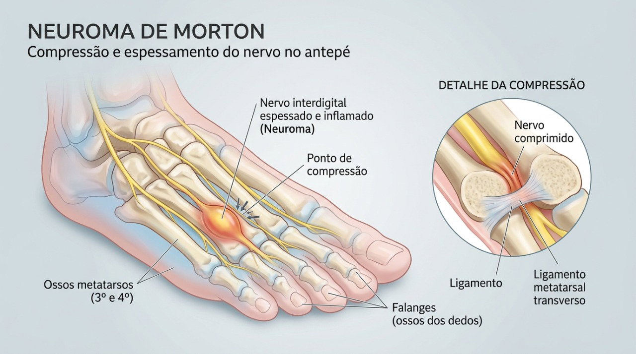 O neuroma de Morton pode causar dor, queimação, formigamento e sensação de corpo estranho na parte da frente do pé.