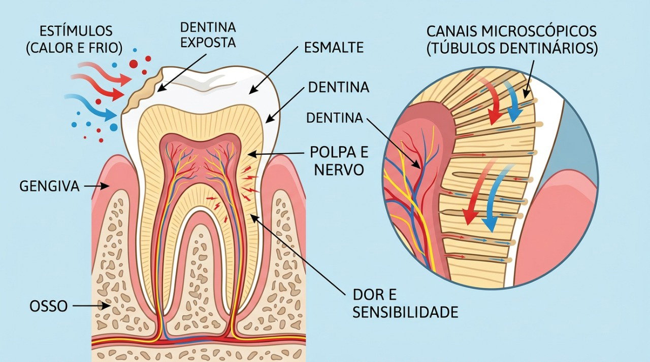 Quando a dentina fica exposta, frio, calor e outros estímulos podem provocar uma fisgada no dente.