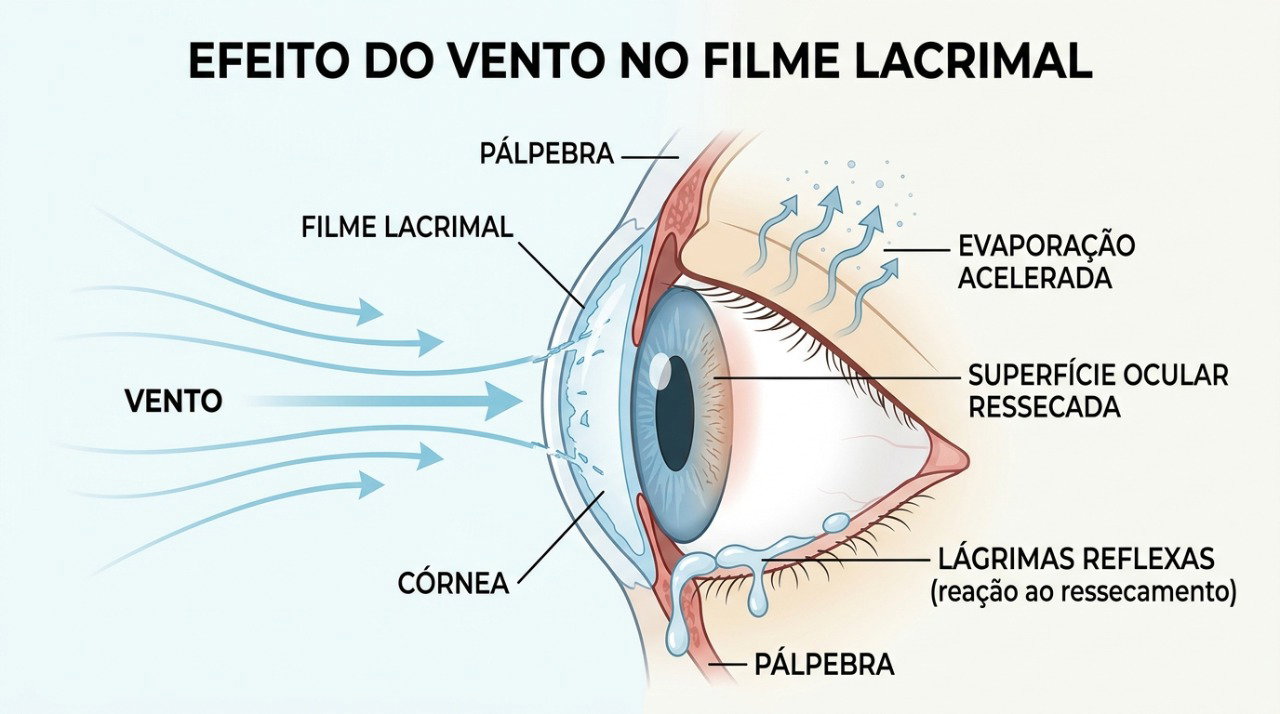 O vento pode aumentar a evaporação das lágrimas e estimular lacrimejamento reflexo.