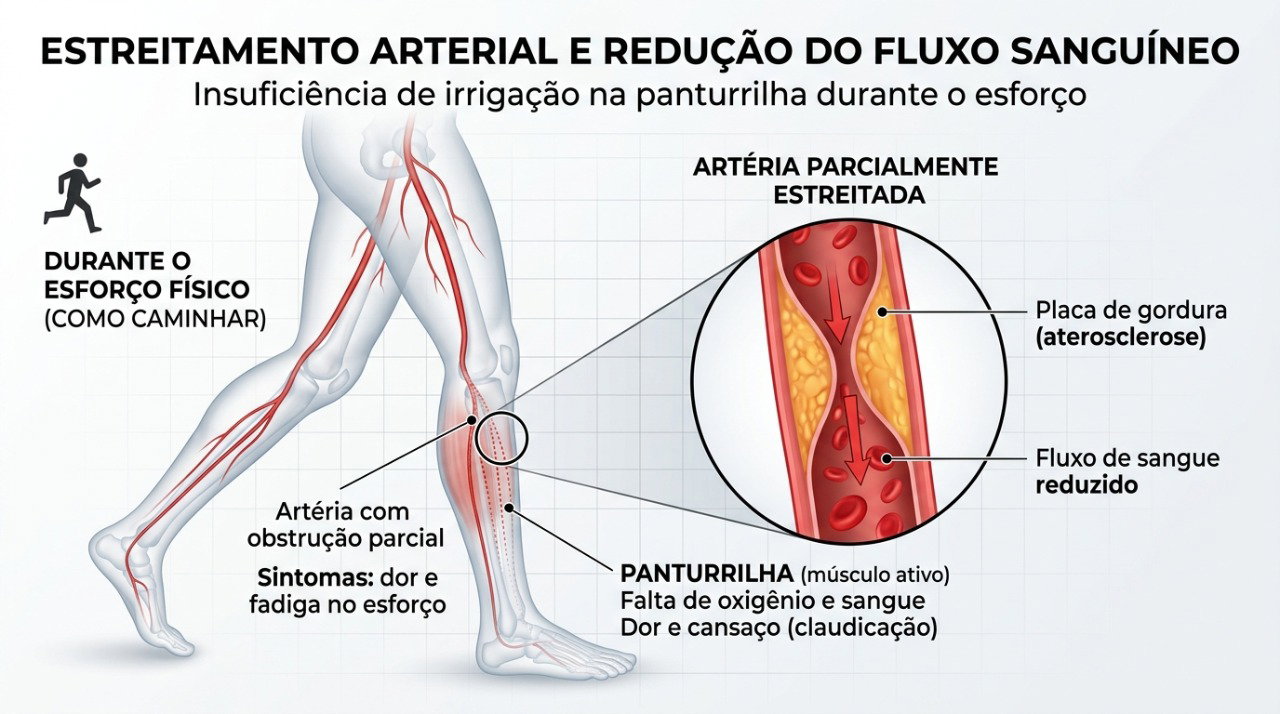 O estreitamento das artérias pode limitar o fluxo de sangue para os músculos durante a caminhada.