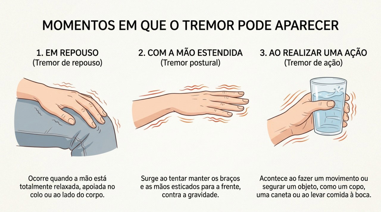 Observar quando o tremor aparece ajuda o médico a identificar seu padrão e possíveis causas.