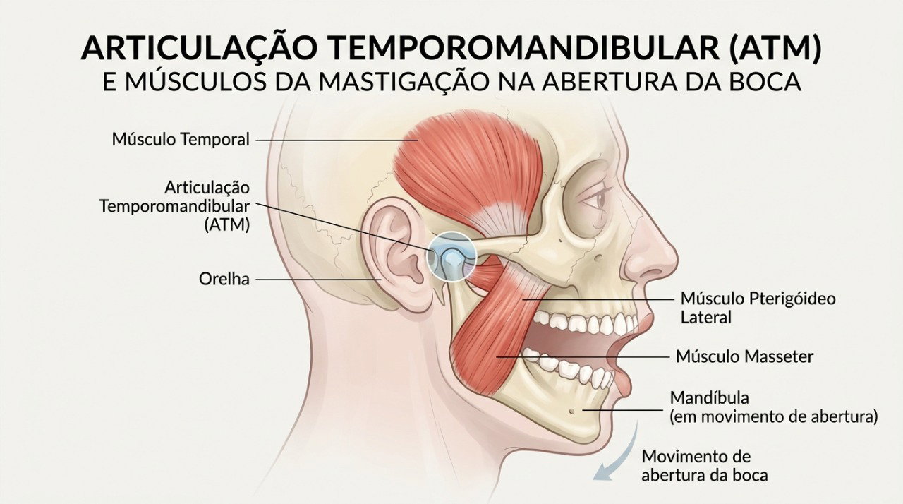 A ATM fica próxima ao ouvido e participa dos movimentos usados para mastigar, falar e bocejar.