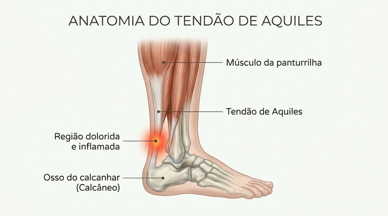 O tendão de Aquiles transmite força da panturrilha para o pé e pode ficar dolorido quando recebe carga excessiva.