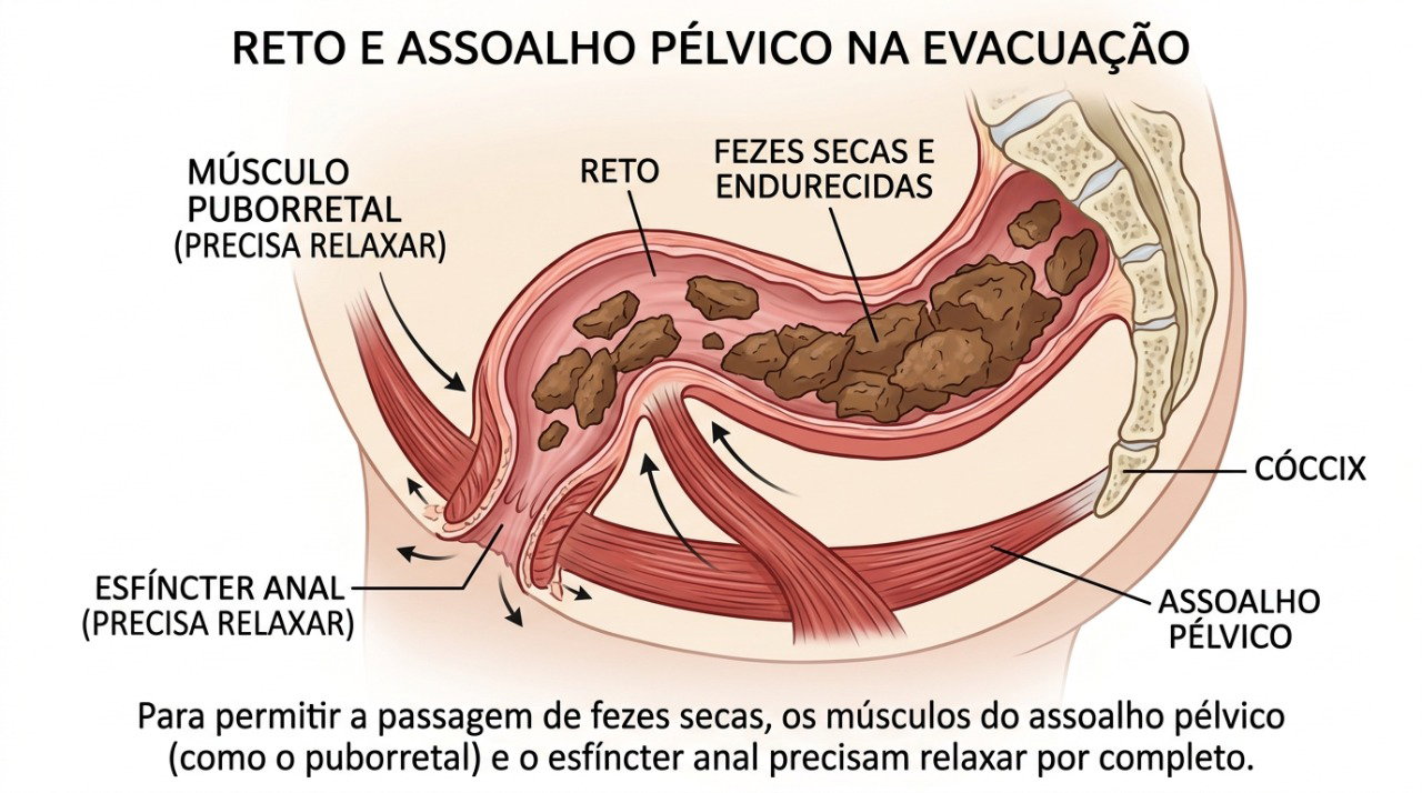 Fezes ressecadas e falta de coordenação do assoalho pélvico podem dificultar o esvaziamento intestinal.