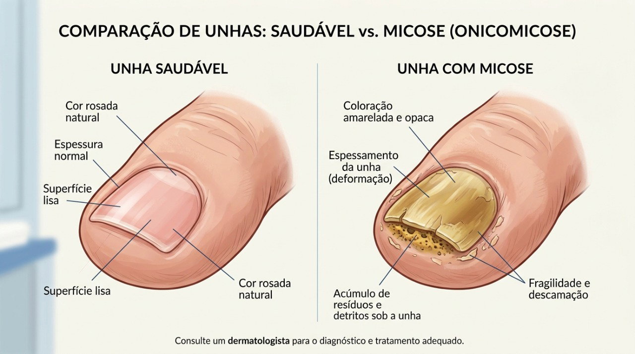 A micose pode causar espessamento, mudança de cor, deformação e descolamento da unha.