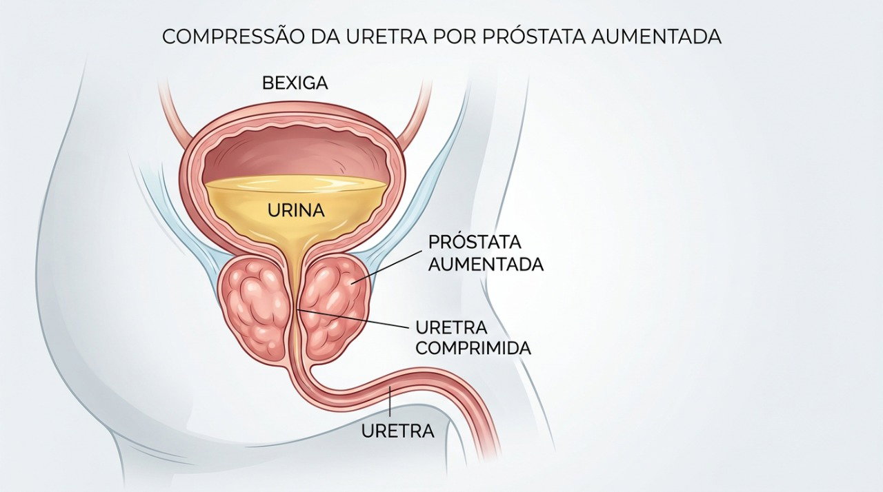 O aumento da próstata pode estreitar a uretra e dificultar a saída da urina.