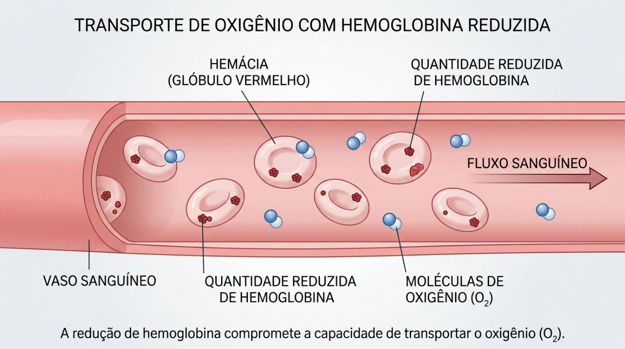 Na anemia, a redução da hemoglobina pode diminuir o transporte de oxigênio para os tecidos.