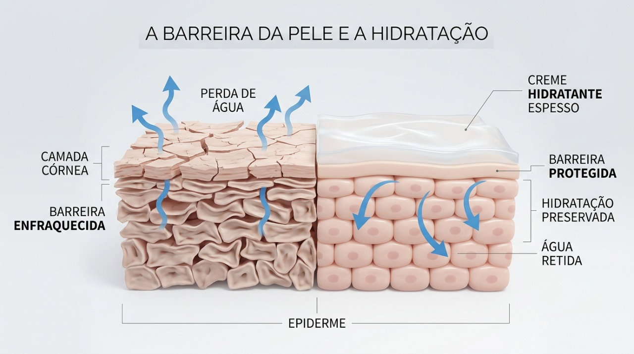 Hidratantes mais espessos ajudam a reduzir a perda de água quando a barreira da pele está fragilizada.