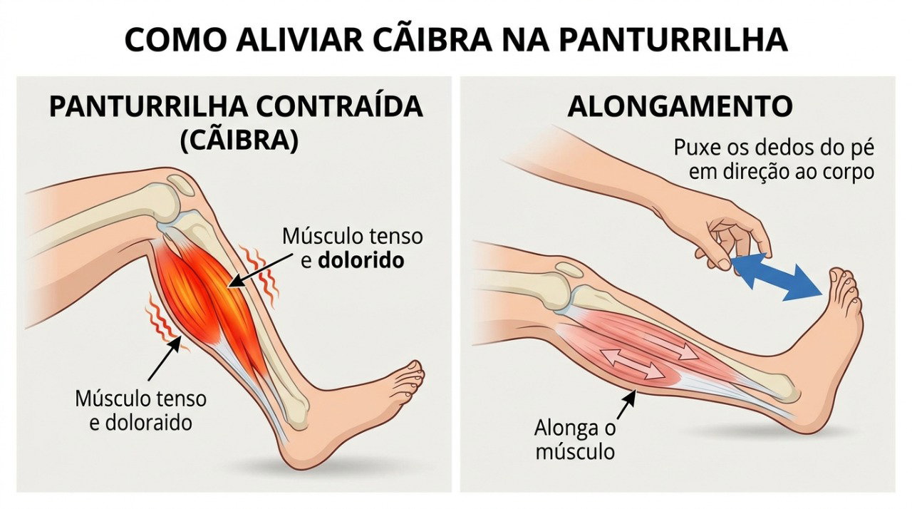 Alongar suavemente a panturrilha pode ajudar a aliviar a cãibra durante a crise.