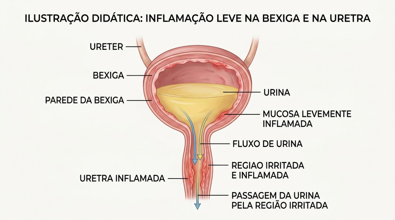 A inflamação da bexiga e da uretra pode causar ardência e vontade frequente de urinar.
