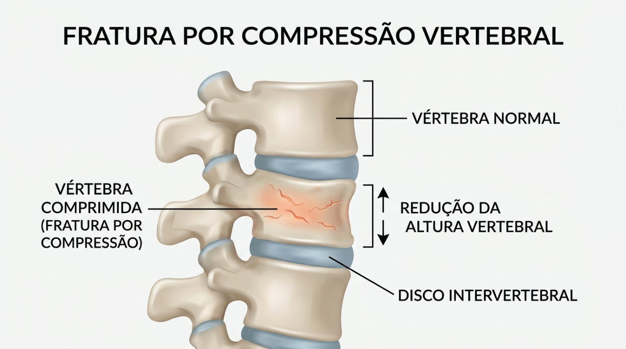 Fraturas por compressão nas vértebras podem contribuir para perda de altura e curvatura das costas.