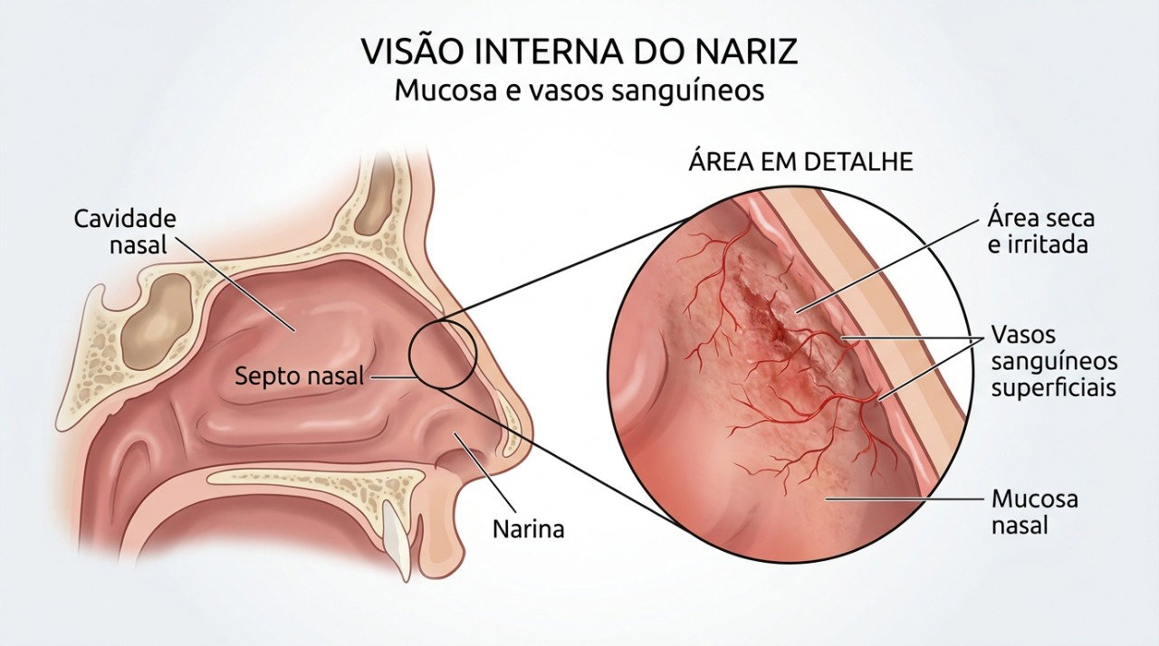 Ressecamento e irritação podem facilitar o rompimento de pequenos vasos dentro do nariz.