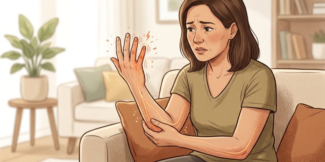 Formigamento no mindinho e no anelar pode surgir quando o nervo ulnar é comprimido no cotovelo.