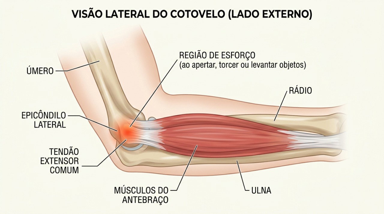 Os tendões da parte externa do cotovelo podem ficar sobrecarregados com movimentos repetitivos do punho e da mão.