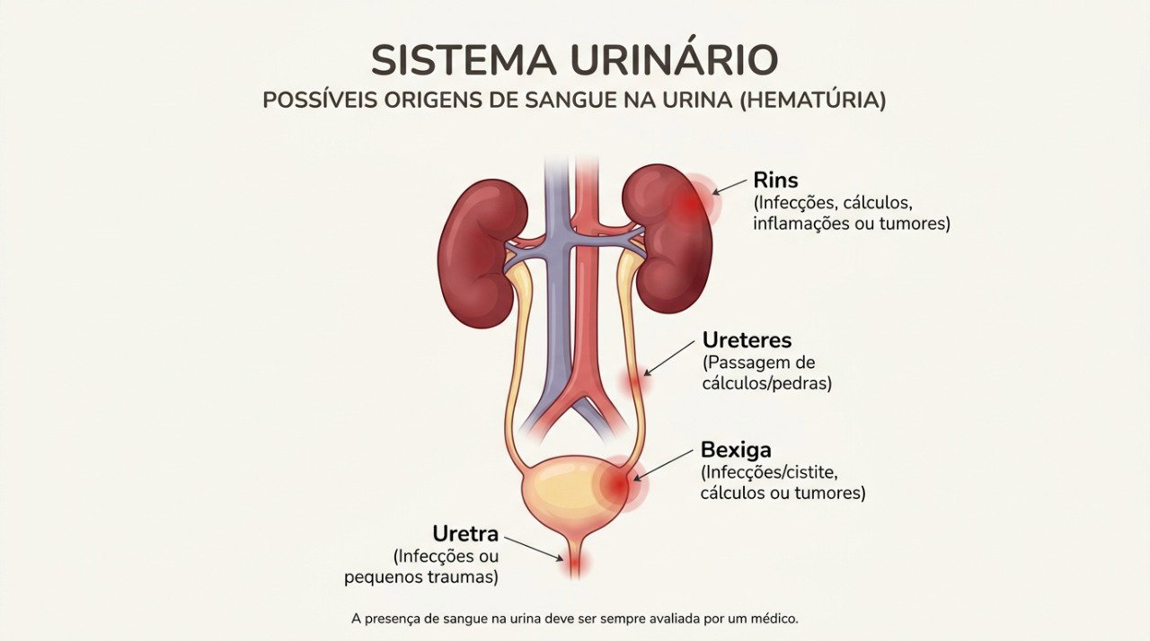 O sangue na urina pode se originar em diferentes partes do sistema urinário.