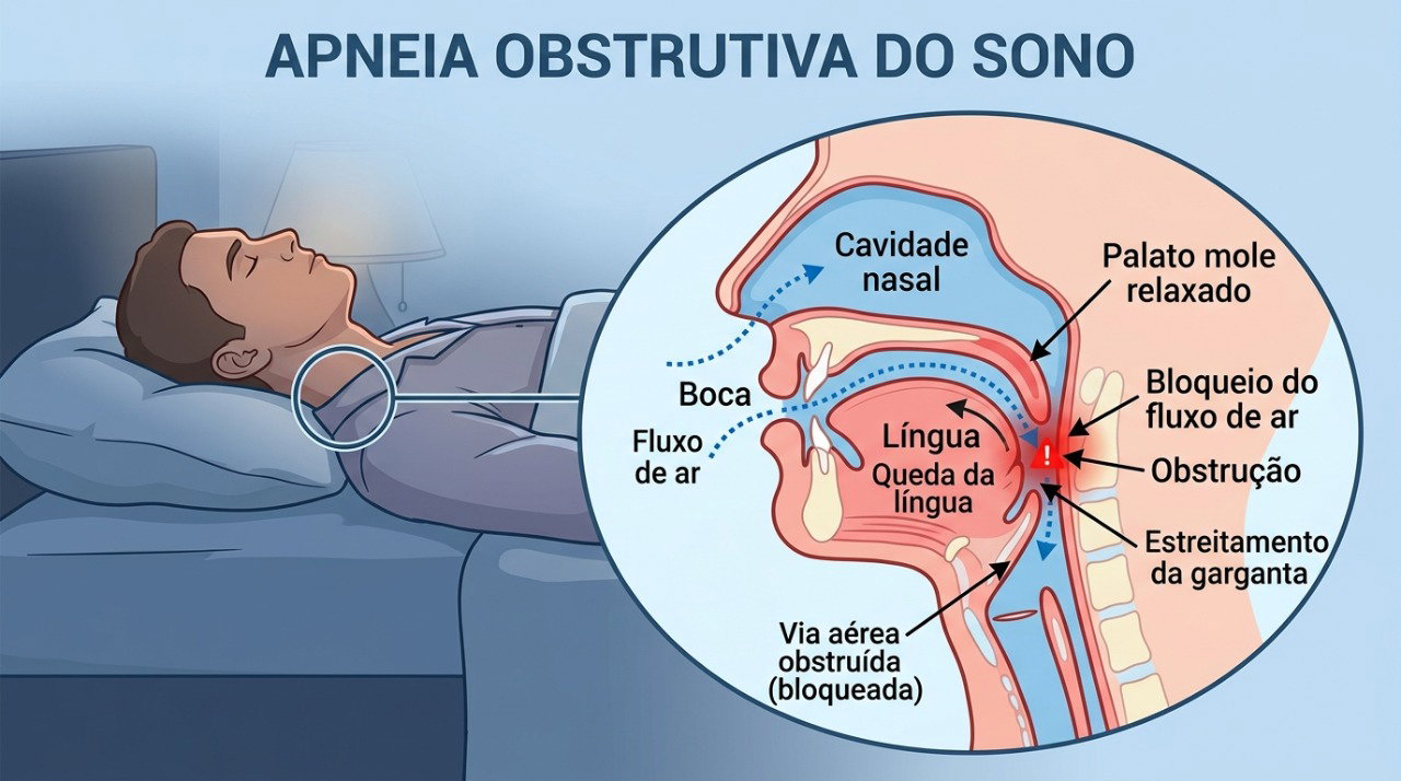 Na apneia obstrutiva, a passagem de ar pode se estreitar ou fechar repetidamente durante o sono.