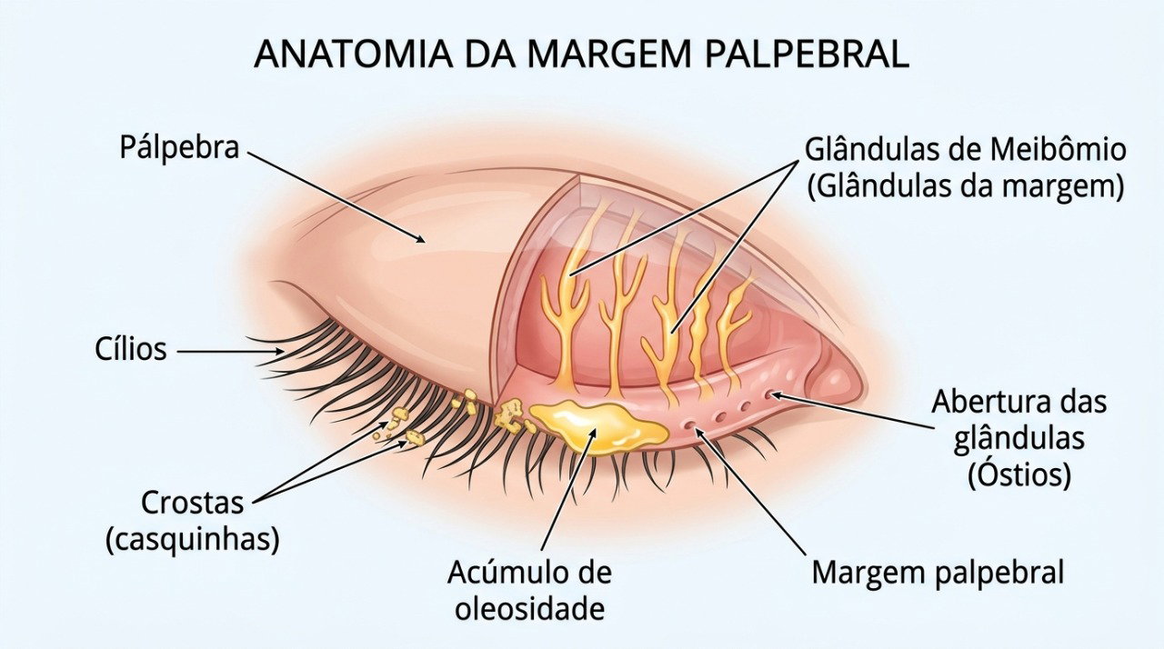 A blefarite pode causar acúmulo de oleosidade, descamação e crostas próximas à raiz dos cílios.