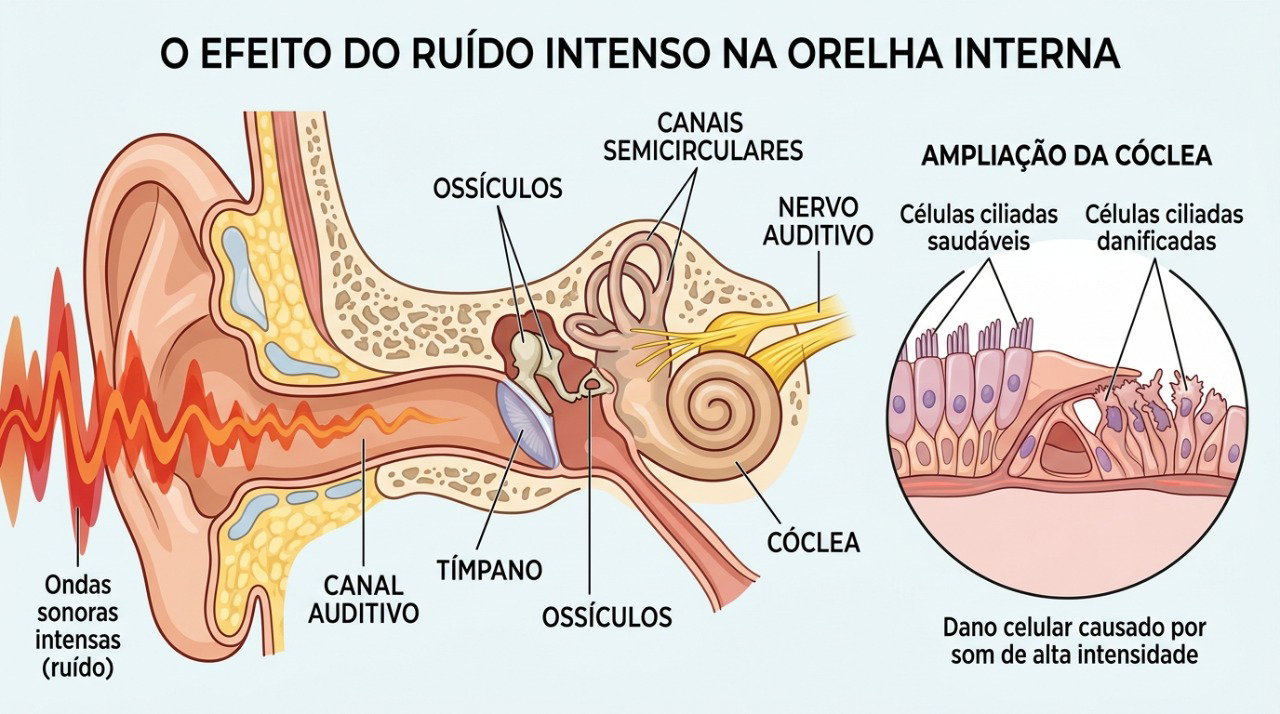 Sons muito intensos podem danificar estruturas sensoriais do ouvido interno e alterar a audição.