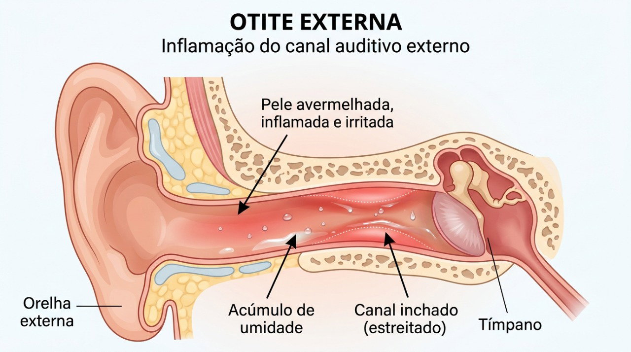 Água retida no canal auditivo pode favorecer irritação e inflamação do ouvido externo.