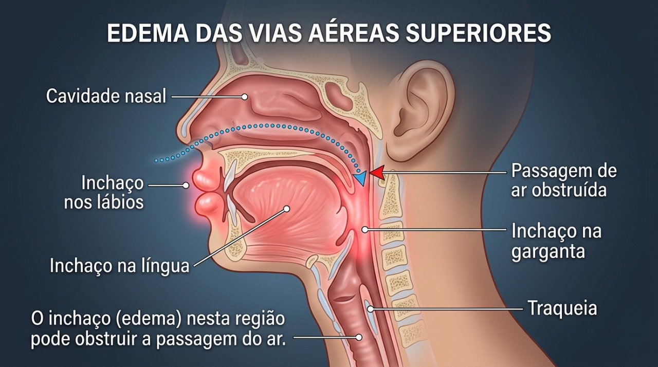 Quando o inchaço atinge língua ou garganta, pode comprometer a respiração e exigir atendimento imediato.