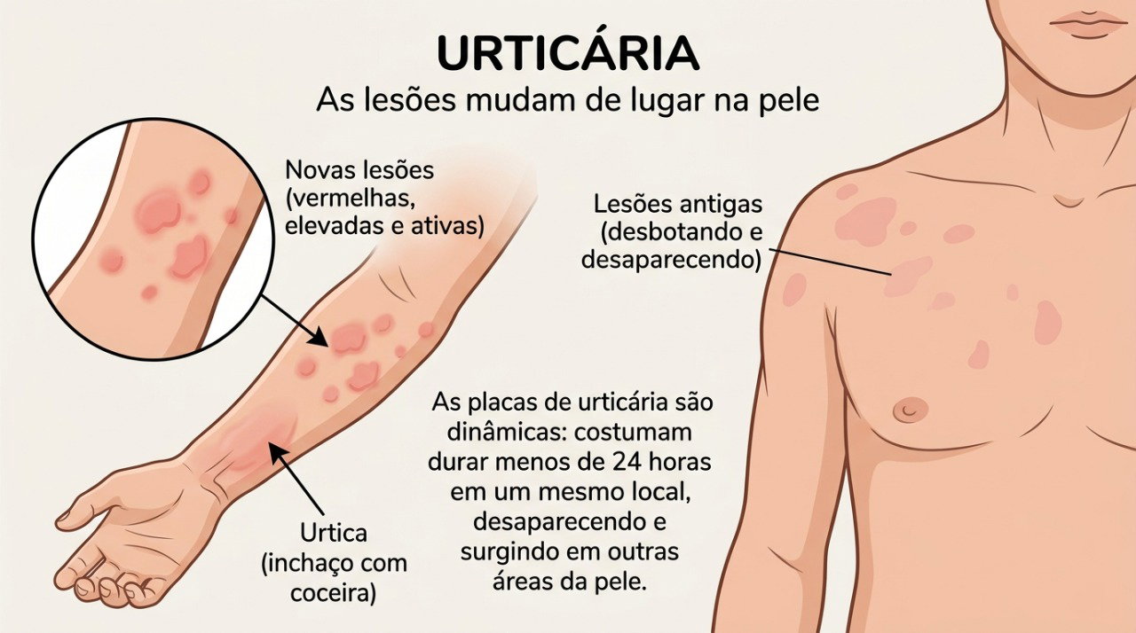 Na urticária, uma placa pode desaparecer enquanto novas lesões surgem em outras partes do corpo.