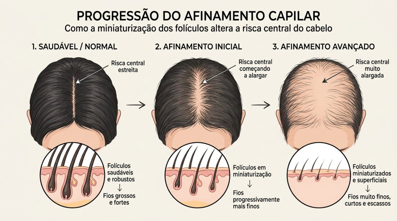 Na perda capilar de padrão feminino, os folículos podem produzir fios cada vez mais finos no topo da cabeça.